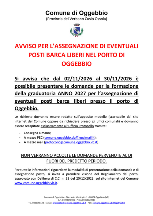 Avviso per lassegnazione di eventuali posti barca liberi nel porto di Oggebbio